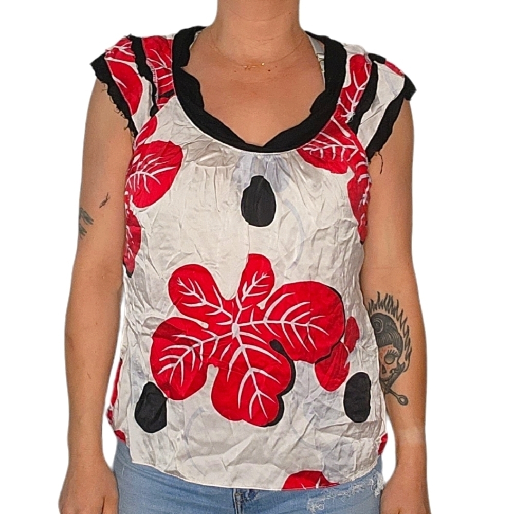 Parameter Silk Red White Floral Blouse Size Large Side Zip